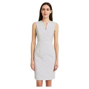 Long Tall Sally Size 6 White Navy Pinstripe Sleeveless Split Neck Sheath Dress